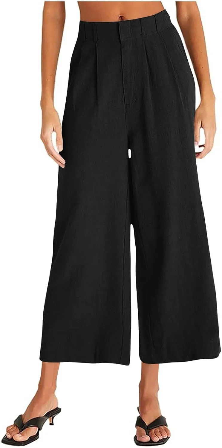 Business Casual Palazzo Pants for Women Wed Leg Linen Capri Pant Spring Summer Lounge Trouser Flowy Beach Pants Slacks