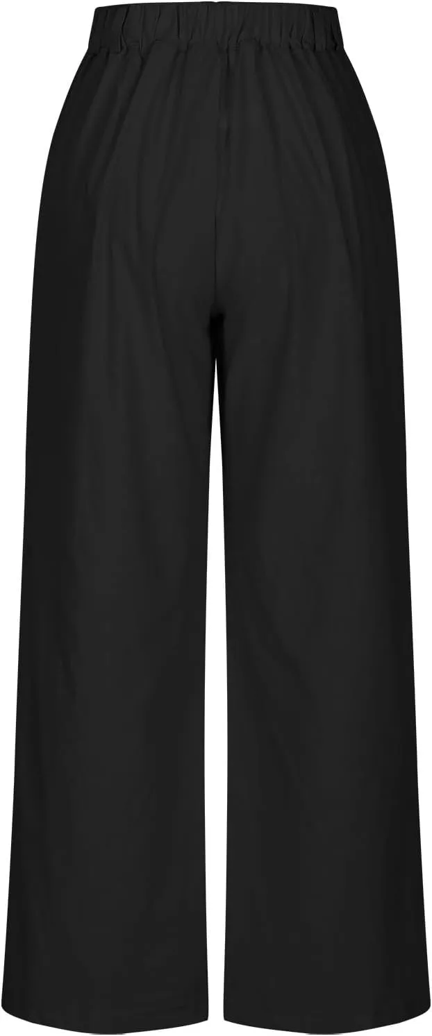 Business Casual Palazzo Pants for Women Wed Leg Linen Capri Pant Spring Summer Lounge Trouser Flowy Beach Pants Slacks