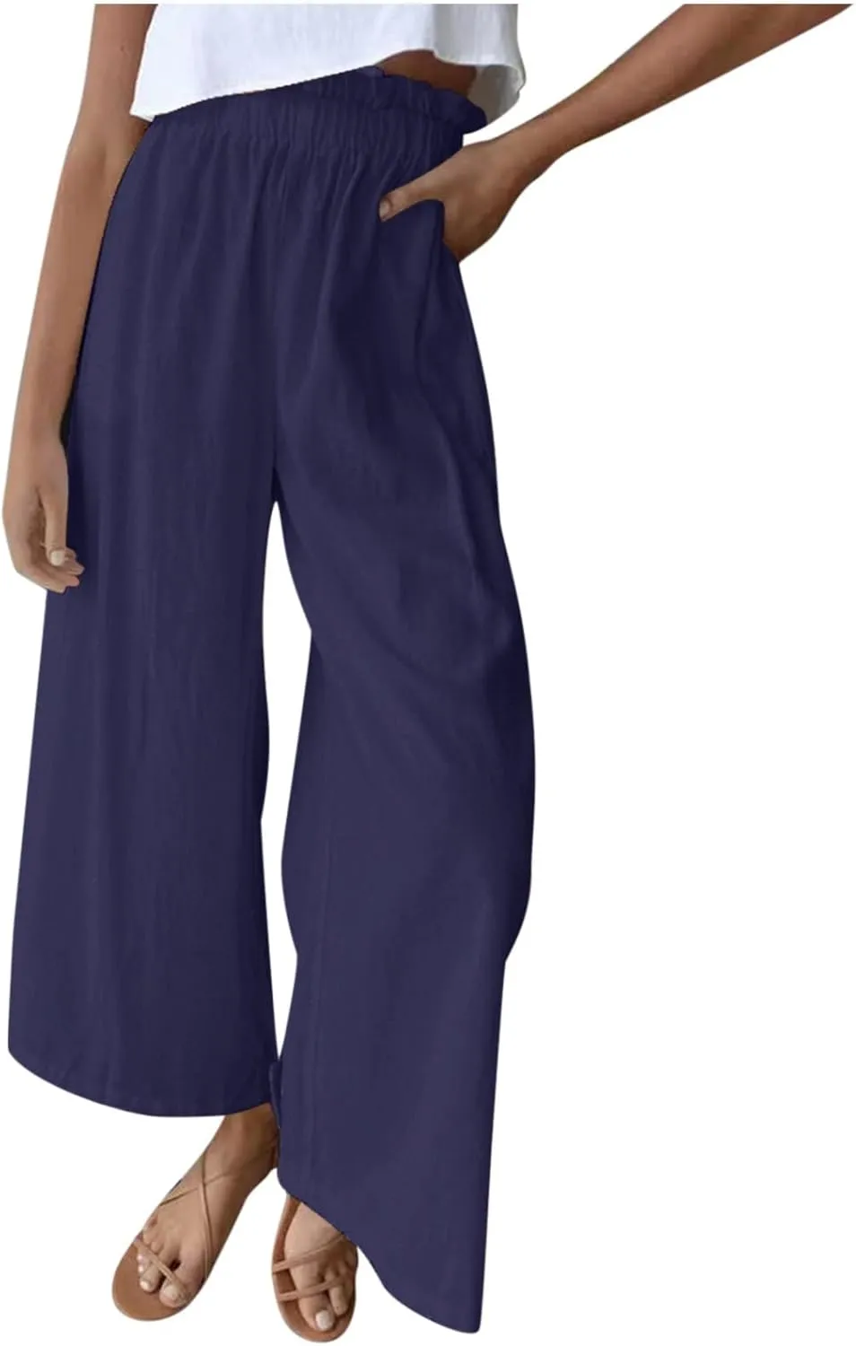 BZGTZT Linen Pants for Women Wide Leg Casual Summer Elastic High Waisted Palazzo Pant Baggy Flowy Beach Trousers with Pocket