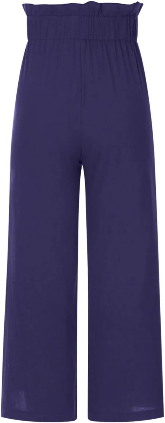 BZGTZT Linen Pants for Women Wide Leg Casual Summer Elastic High Waisted Palazzo Pant Baggy Flowy Beach Trousers with Pocket