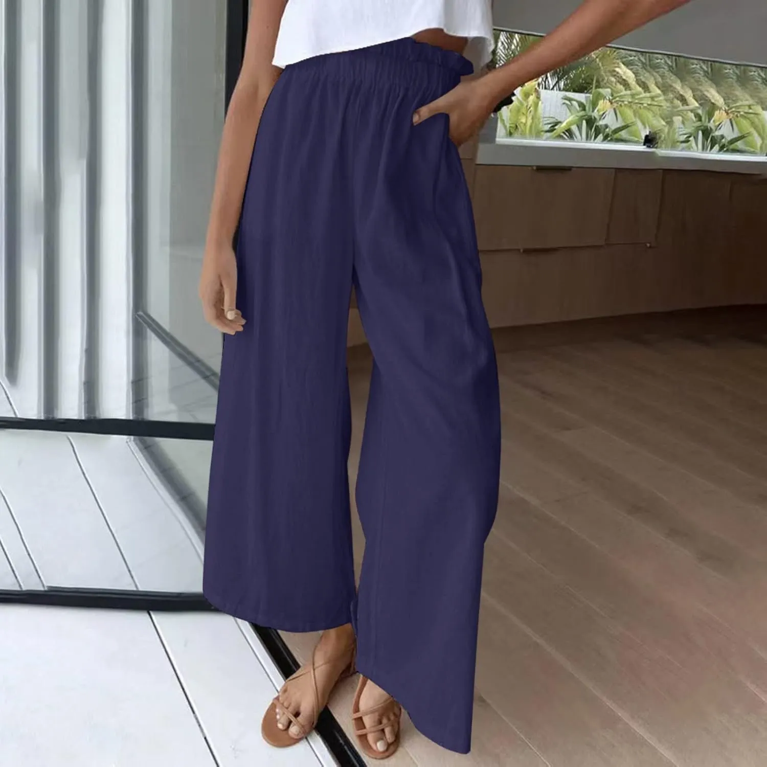BZGTZT Linen Pants for Women Wide Leg Casual Summer Elastic High Waisted Palazzo Pant Baggy Flowy Beach Trousers with Pocket