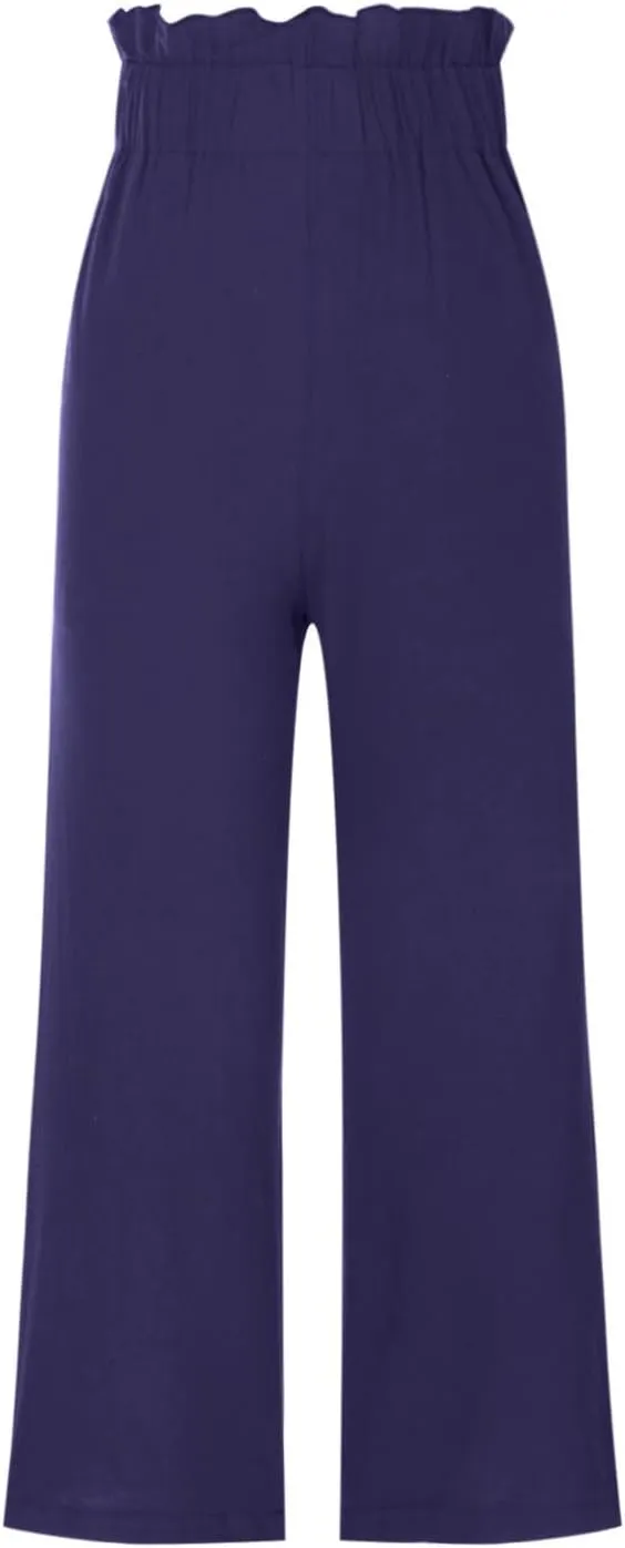 BZGTZT Linen Pants for Women Wide Leg Casual Summer Elastic High Waisted Palazzo Pant Baggy Flowy Beach Trousers with Pocket