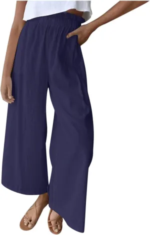 BZGTZT Linen Pants for Women Wide Leg Casual Summer Elastic High Waisted Palazzo Pant Baggy Flowy Beach Trousers with Pocket