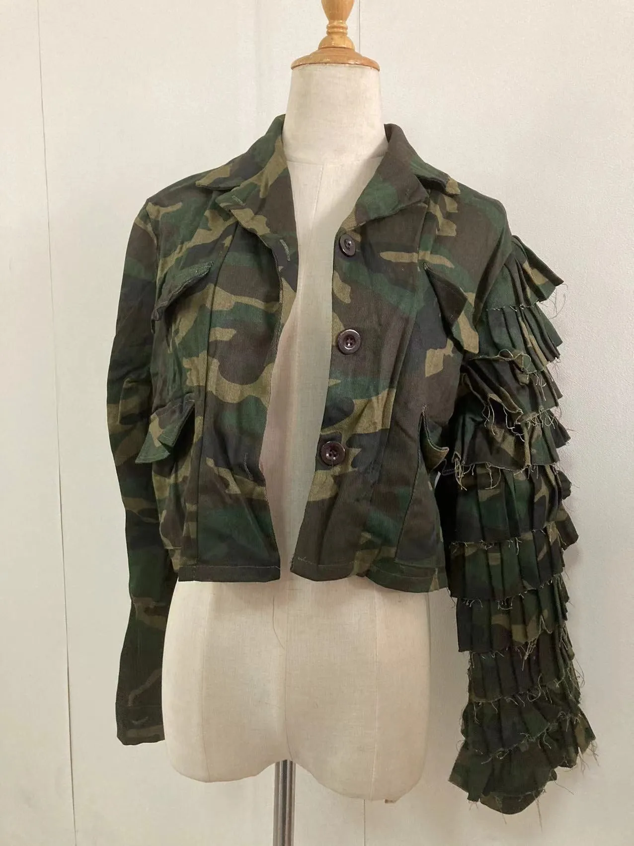 Camouflage Cascading Ruffles Flare Sleeve Button Up Jacket