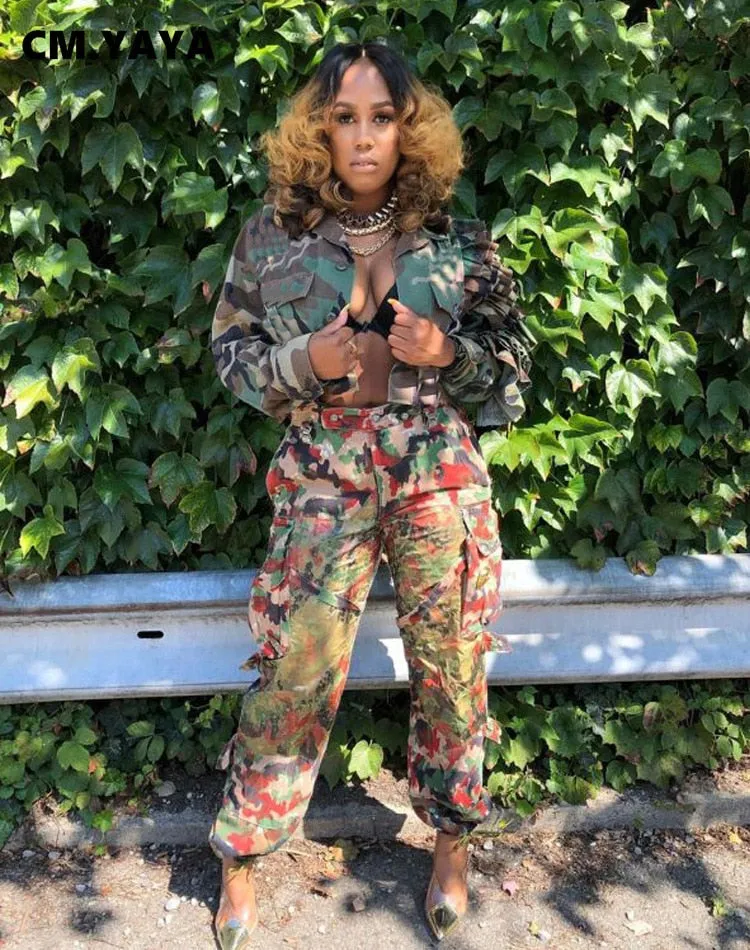 Camouflage Cascading Ruffles Flare Sleeve Button Up Jacket