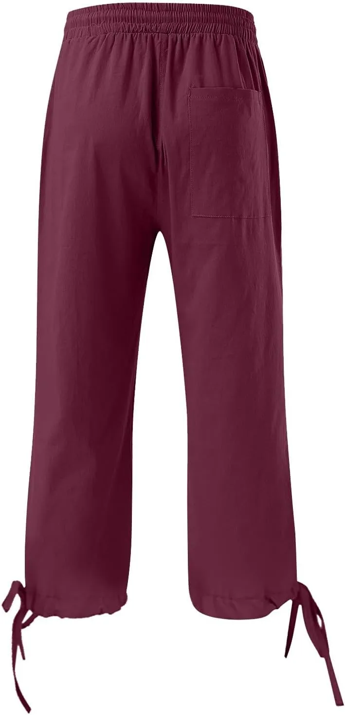 Capri Pants for Women 2025 Summer Lounge Pants Cropped Cotton Linen Comfy Drawstring Baggy Trousers with Pocket