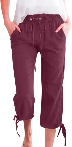Capri Pants for Women 2025 Summer Lounge Pants Cropped Cotton Linen Comfy Drawstring Baggy Trousers with Pocket
