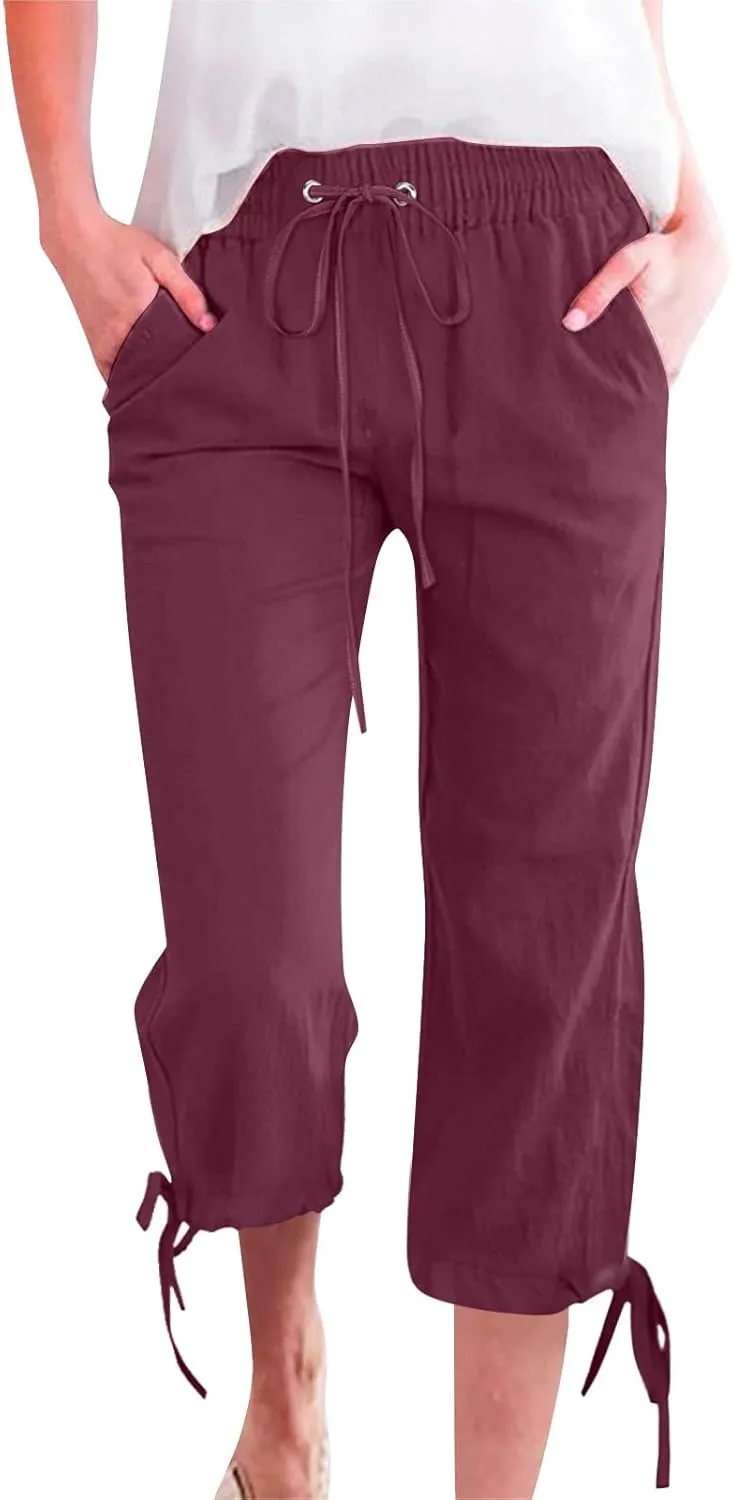 Capri Pants for Women 2025 Summer Lounge Pants Cropped Cotton Linen Comfy Drawstring Baggy Trousers with Pocket