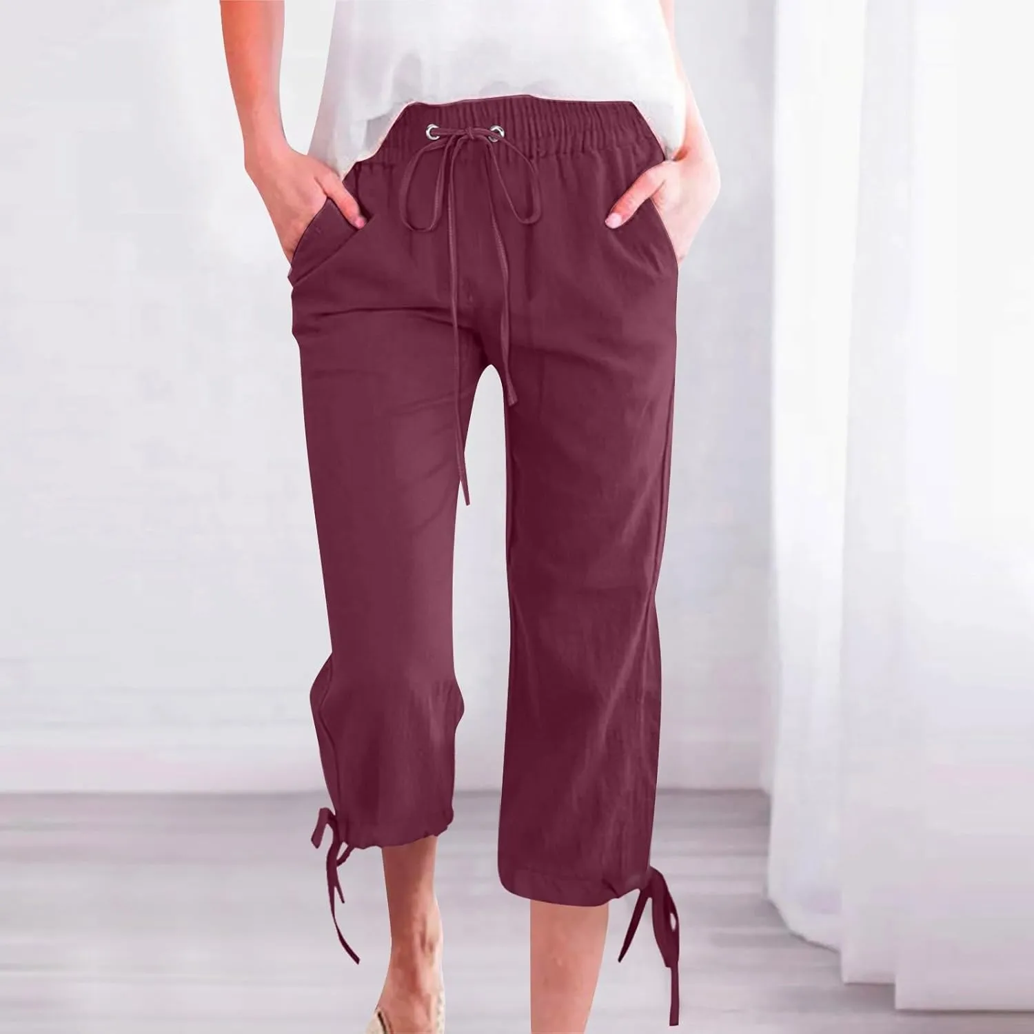 Capri Pants for Women 2025 Summer Lounge Pants Cropped Cotton Linen Comfy Drawstring Baggy Trousers with Pocket