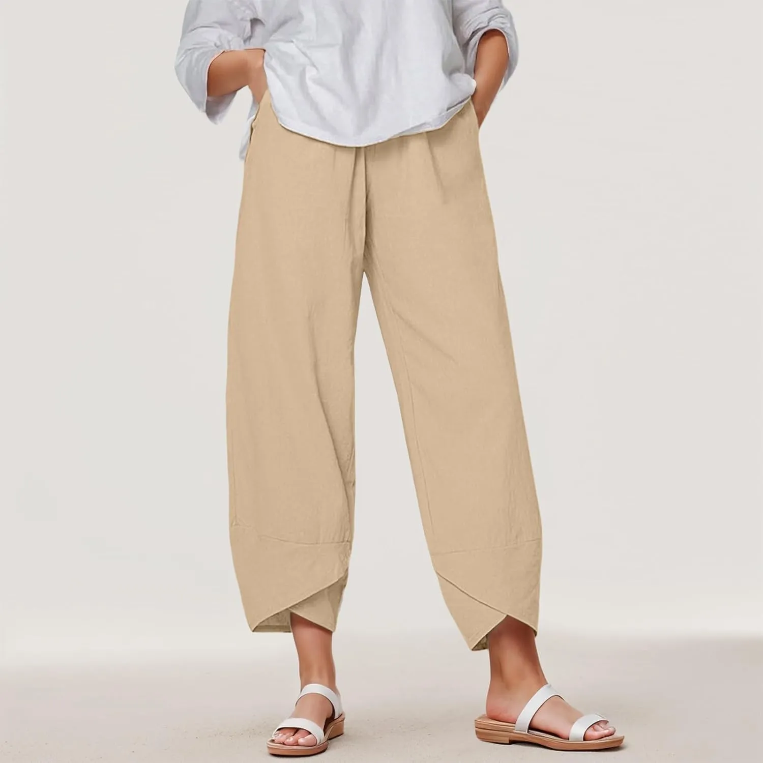 Capri Pants for Women Plus Size Linen Pants Wide Leg with Pockets Drawstring Casual Flowy Palazzo Linen Pants Women