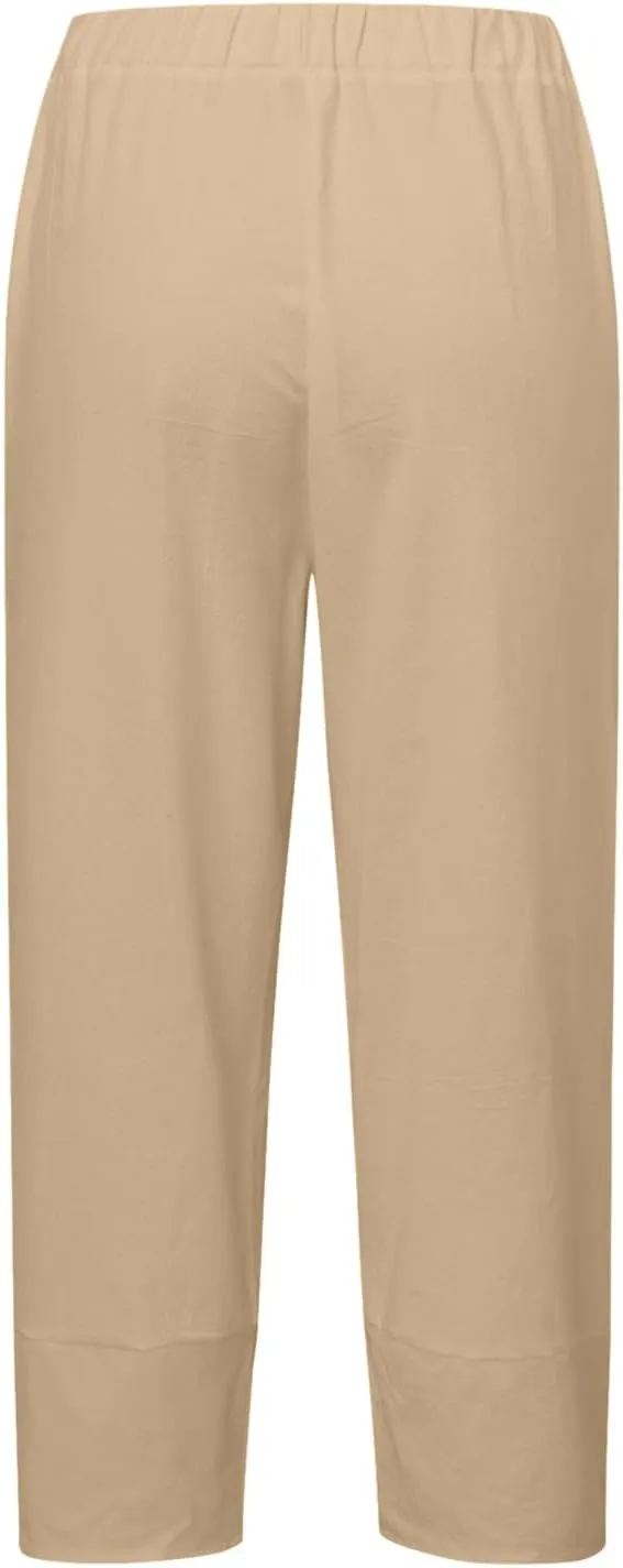 Capri Pants for Women Plus Size Linen Pants Wide Leg with Pockets Drawstring Casual Flowy Palazzo Linen Pants Women