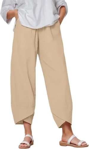 Capri Pants for Women Plus Size Linen Pants Wide Leg with Pockets Drawstring Casual Flowy Palazzo Linen Pants Women