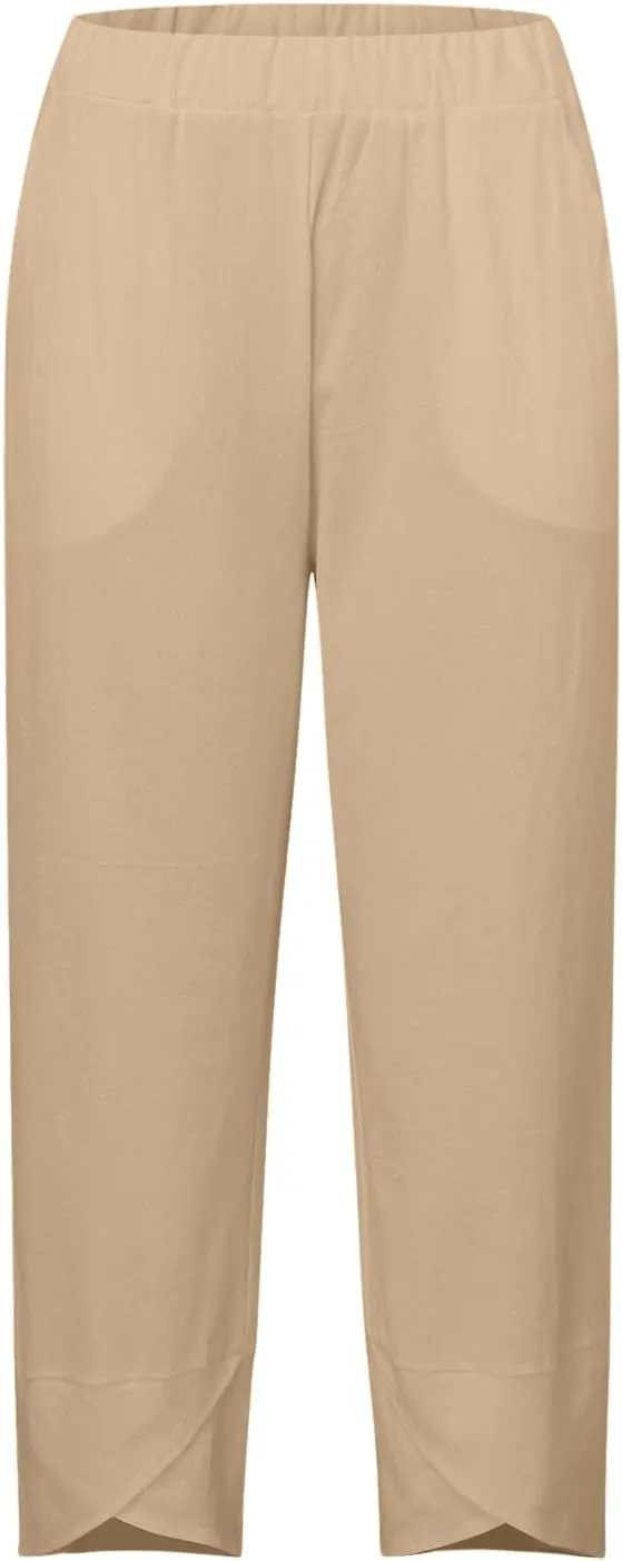 Capri Pants for Women Plus Size Linen Pants Wide Leg with Pockets Drawstring Casual Flowy Palazzo Linen Pants Women