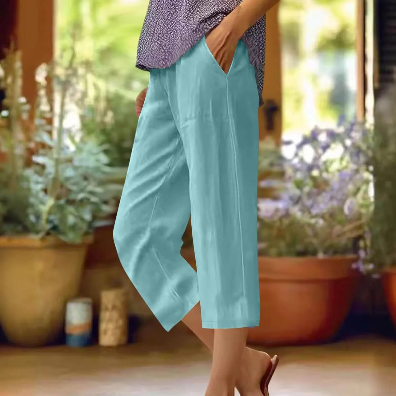 Capri Pants for Women Plus Size Trendy Elastic Waist Wide Leg Linen Pants Summer Beach Lighweight Cropped Trousers