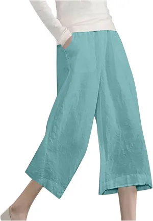 Capri Pants for Women Plus Size Trendy Elastic Waist Wide Leg Linen Pants Summer Beach Lighweight Cropped Trousers