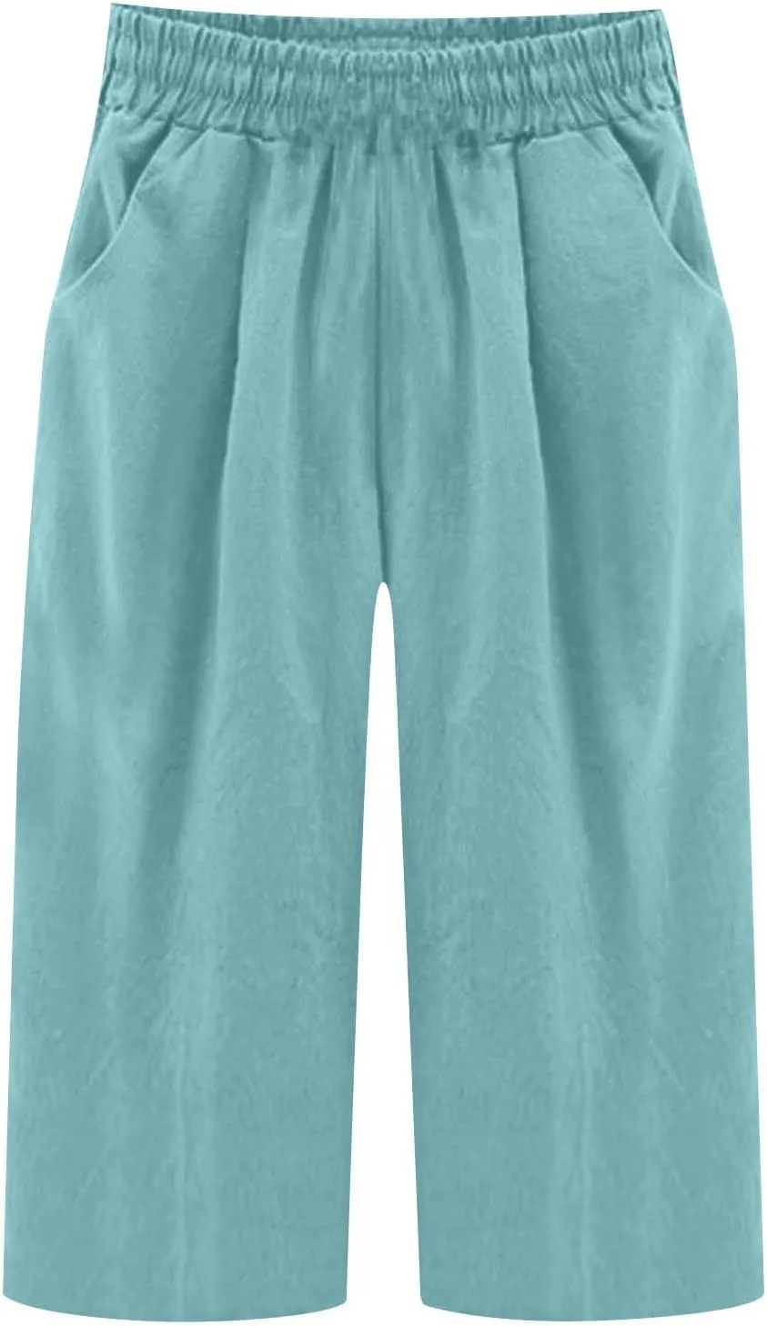 Capri Pants for Women Plus Size Trendy Elastic Waist Wide Leg Linen Pants Summer Beach Lighweight Cropped Trousers