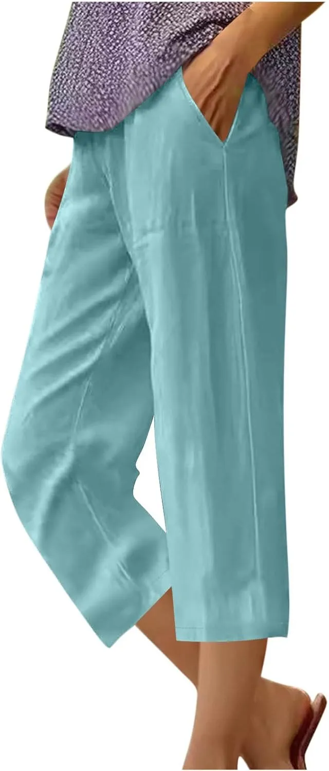 Capri Pants for Women Plus Size Trendy Elastic Waist Wide Leg Linen Pants Summer Beach Lighweight Cropped Trousers