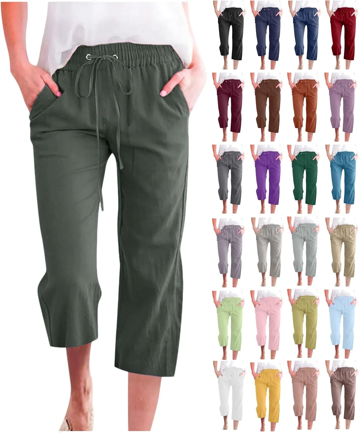 Capri Pants for Women Summer Cotton Linen Pant Casual Beach Capris Lounge Wide Leg Cropped Trousers Pant with Pockets