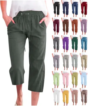 Capri Pants for Women Summer Cotton Linen Pant Casual Beach Capris Lounge Wide Leg Cropped Trousers Pant with Pockets