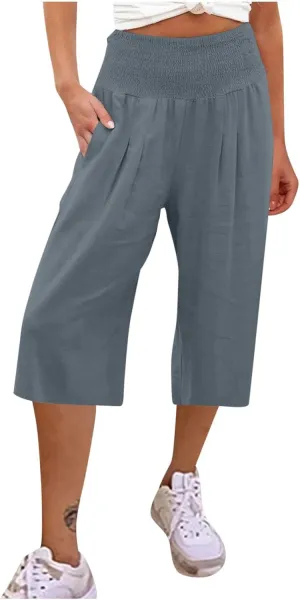 Capris for Women Cotton Linen Casual Summer 2025 Straight Wide Leg Cropped Pants Drawstring Elastic Waist Pants