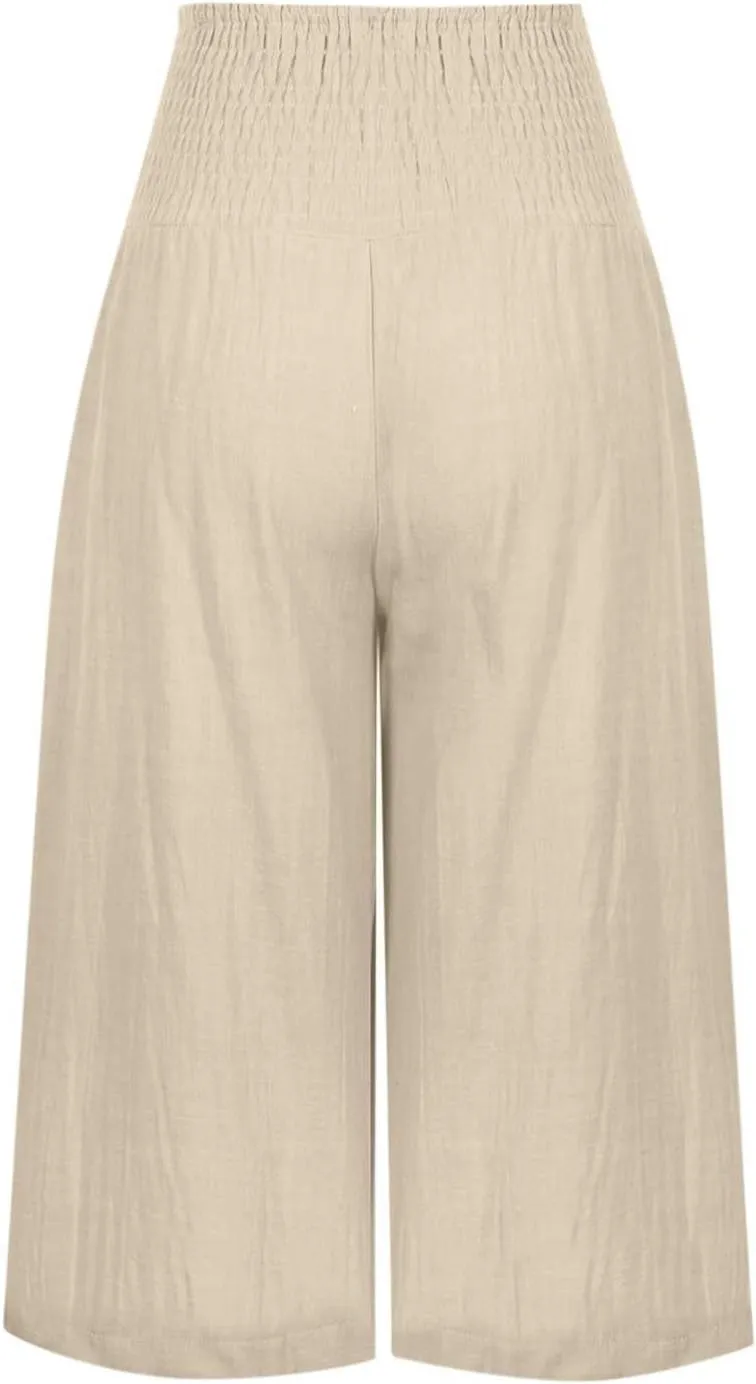Capris for Women Cotton Linen Casual Summer 2025 Straight Wide Leg Cropped Pants Drawstring Elastic Waist Pants