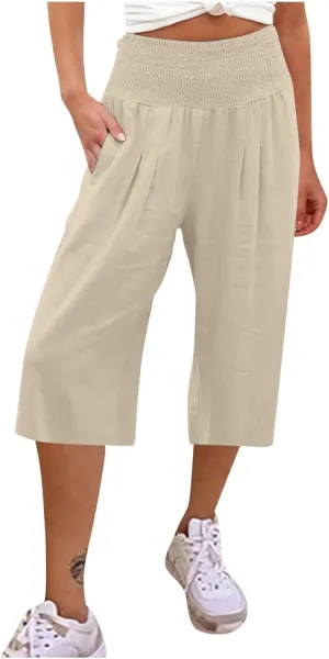 Capris for Women Cotton Linen Casual Summer 2025 Straight Wide Leg Cropped Pants Drawstring Elastic Waist Pants
