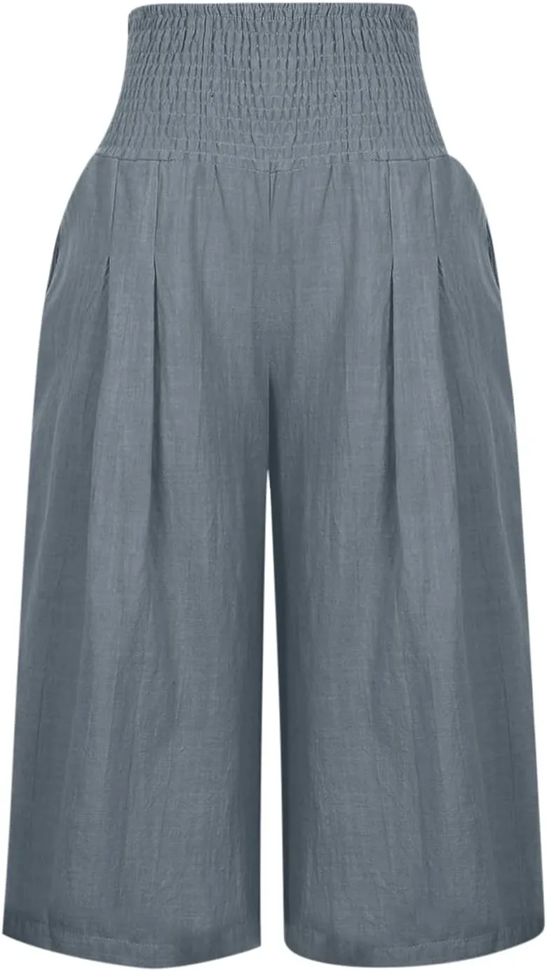 Capris for Women Cotton Linen Casual Summer 2025 Straight Wide Leg Cropped Pants Drawstring Elastic Waist Pants