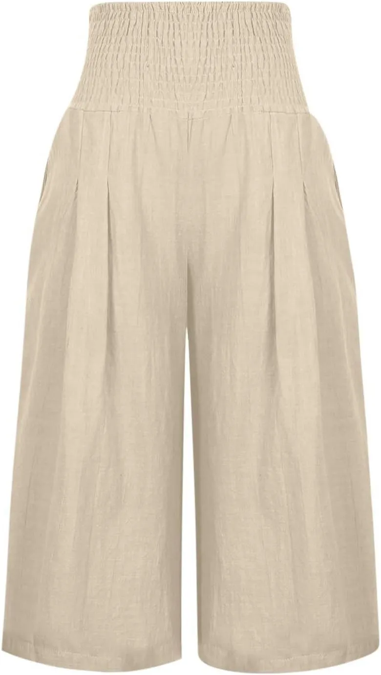 Capris for Women Cotton Linen Casual Summer 2025 Straight Wide Leg Cropped Pants Drawstring Elastic Waist Pants