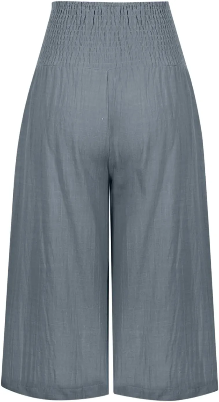 Capris for Women Cotton Linen Casual Summer 2025 Straight Wide Leg Cropped Pants Drawstring Elastic Waist Pants