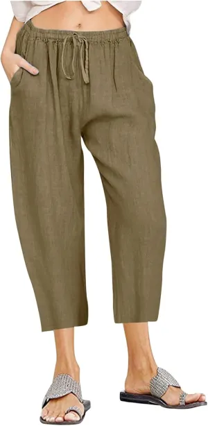 Capris Linen Pants for Women Drawstring Elastic Waist Wide Leg Trousers Solid Color Cropped Pants with Pockets