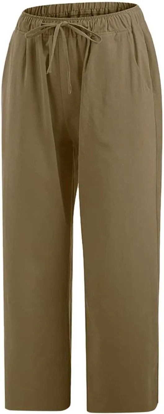 Capris Linen Pants for Women Drawstring Elastic Waist Wide Leg Trousers Solid Color Cropped Pants with Pockets