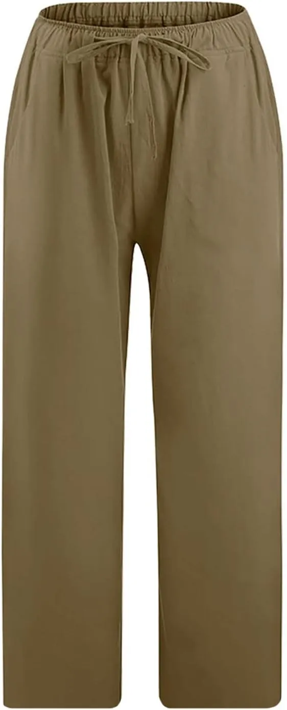 Capris Linen Pants for Women Drawstring Elastic Waist Wide Leg Trousers Solid Color Cropped Pants with Pockets