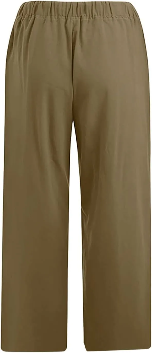 Capris Linen Pants for Women Drawstring Elastic Waist Wide Leg Trousers Solid Color Cropped Pants with Pockets