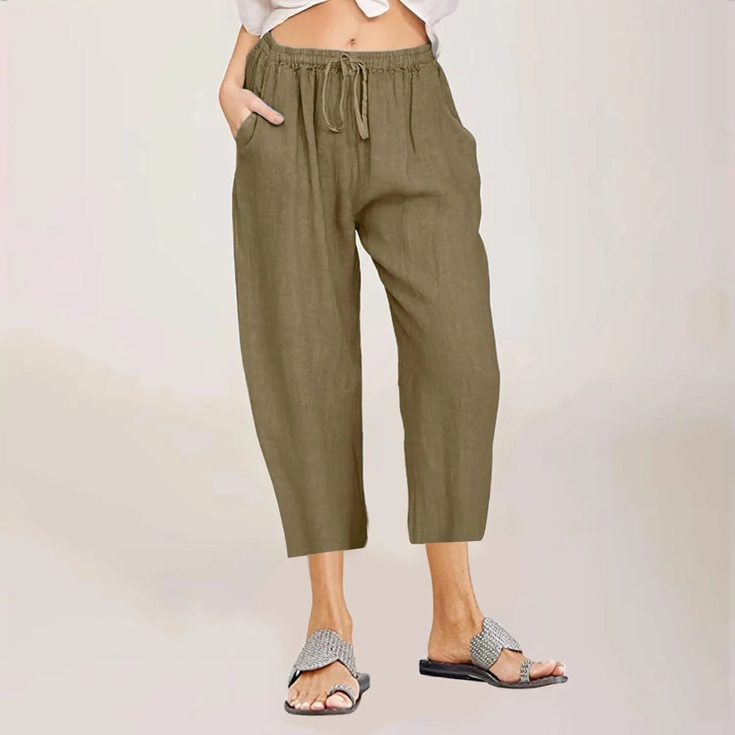 Capris Linen Pants for Women Drawstring Elastic Waist Wide Leg Trousers Solid Color Cropped Pants with Pockets