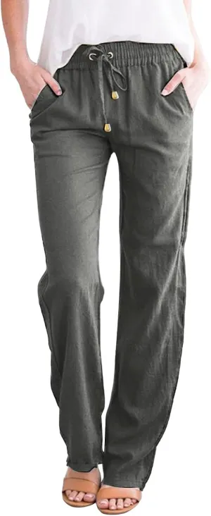 Capris Pants for Women 2025 Summer Wide Leg Linen Pants Tie Belt Elastic Waist Beach Cropped Trousers with Pockets