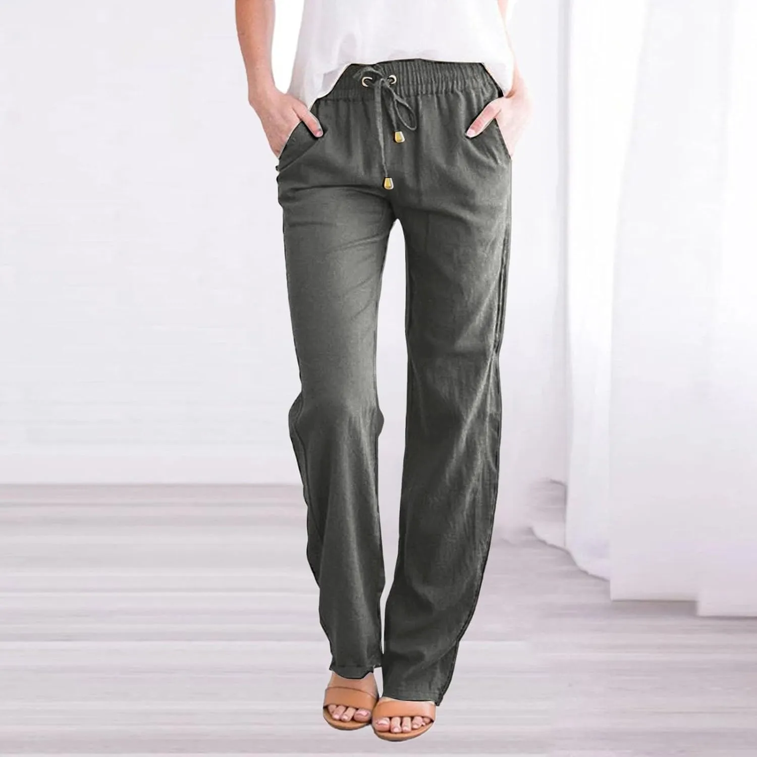 Capris Pants for Women 2025 Summer Wide Leg Linen Pants Tie Belt Elastic Waist Beach Cropped Trousers with Pockets