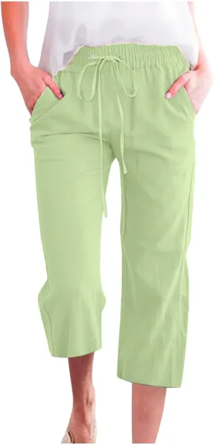 Capris Pants for Women Cotton Linen Casual Summer 2025 Straight Wide Leg Loose Drawstring Elastic Waist Cropped Trouser S-5X