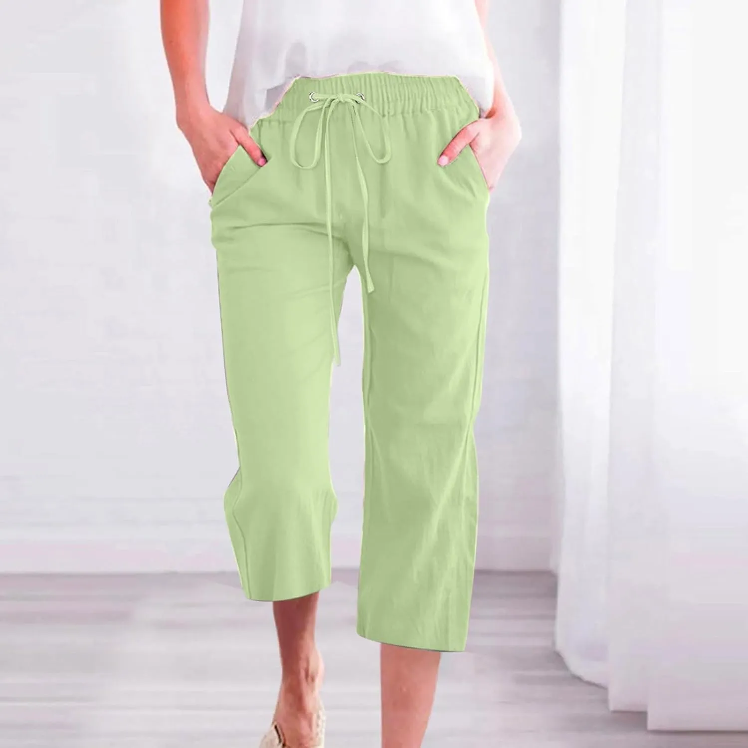Capris Pants for Women Cotton Linen Casual Summer 2025 Straight Wide Leg Loose Drawstring Elastic Waist Cropped Trouser S-5X