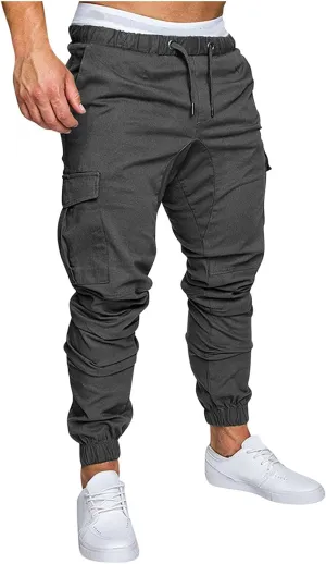 Cargo Pants for Men Regular Fit Drawstring Slacks Tapered Cotton Elastic Waist Multi Pockets Solid Sweatpants