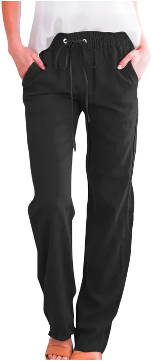 Casual Cotton Linen Pants for Women Lightweight Summer Drawstring Elastic Waist Pants Solid Lounge Long Trousers