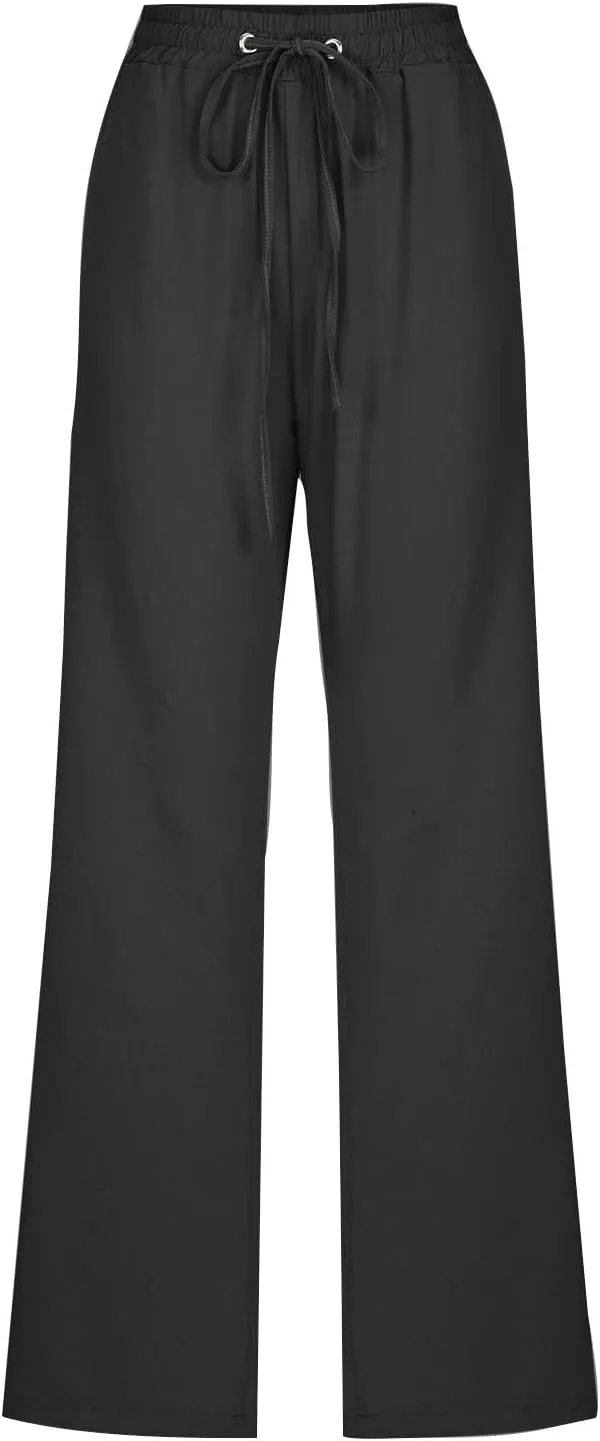 Casual Cotton Linen Pants for Women Lightweight Summer Drawstring Elastic Waist Pants Solid Lounge Long Trousers