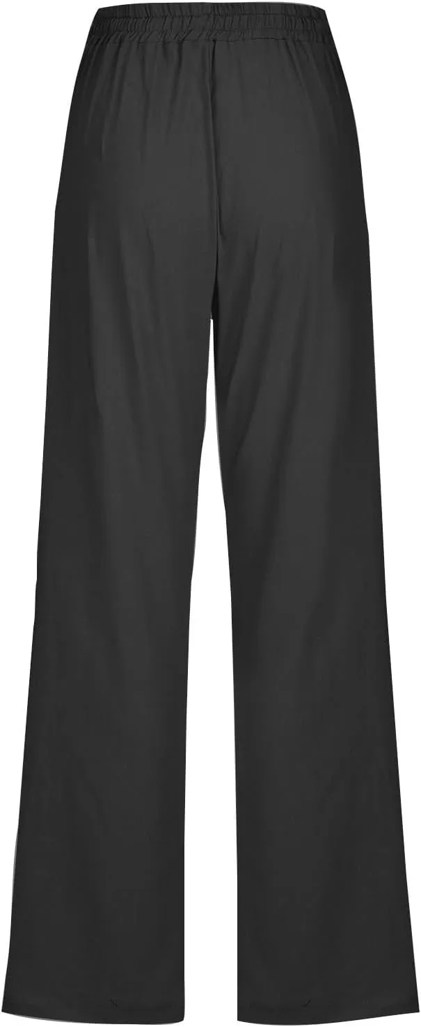 Casual Cotton Linen Pants for Women Lightweight Summer Drawstring Elastic Waist Pants Solid Lounge Long Trousers
