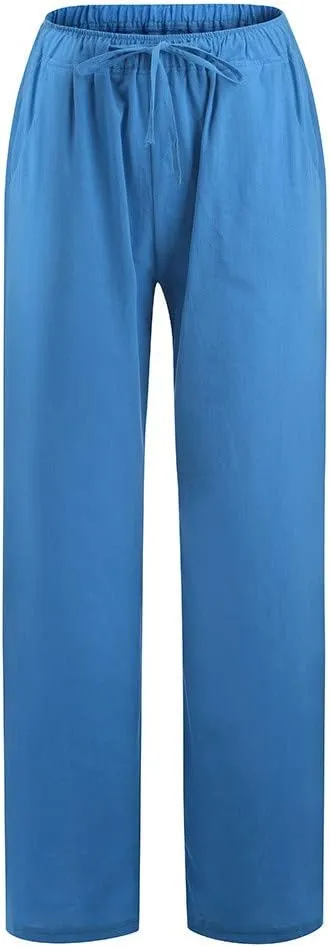 Ceboyel Women's Boho Wide Leg Pants Drawstring Straight Casual Trousers Cotton Linen Palazzo Pants Summer Beach Outfits 2023