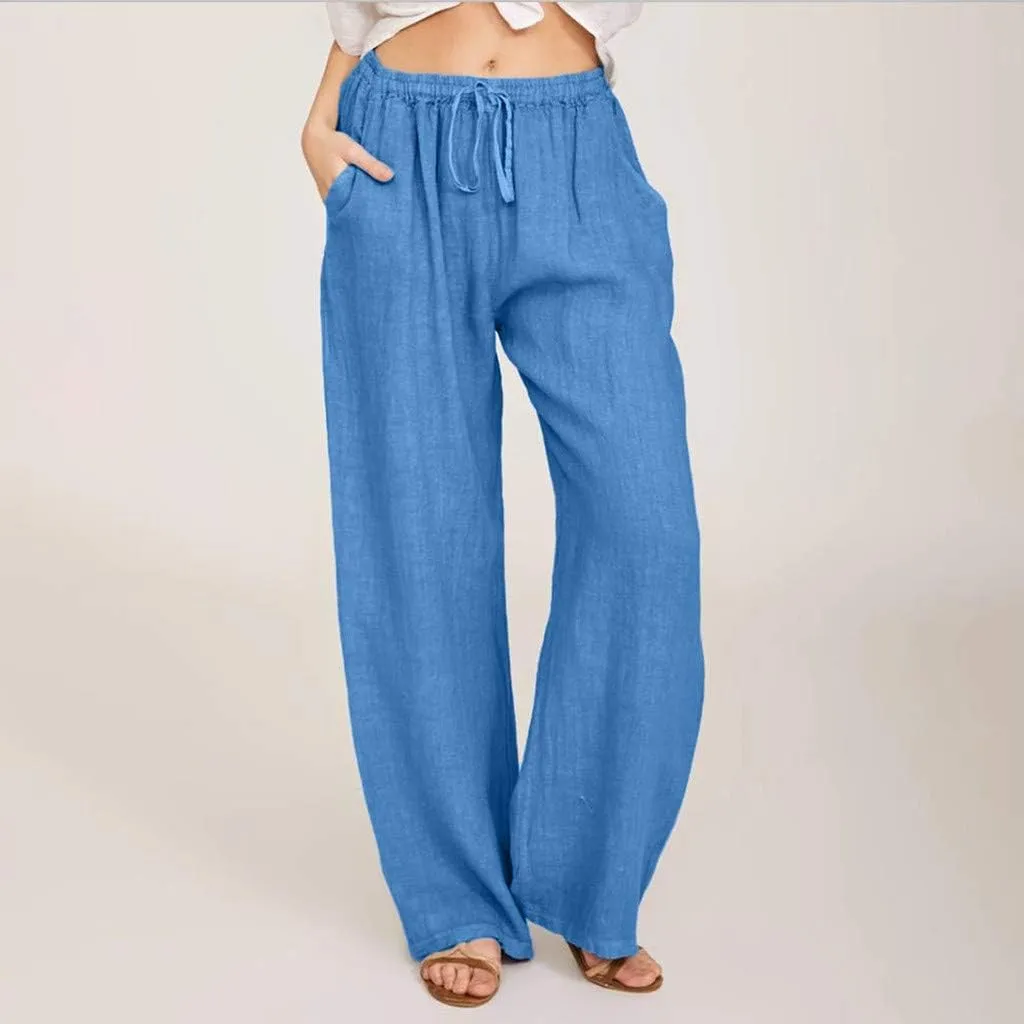 Ceboyel Women's Boho Wide Leg Pants Drawstring Straight Casual Trousers Cotton Linen Palazzo Pants Summer Beach Outfits 2023