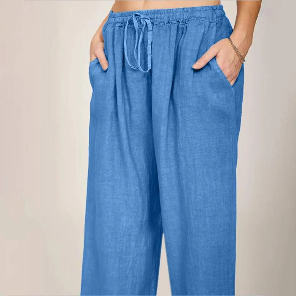Ceboyel Women's Boho Wide Leg Pants Drawstring Straight Casual Trousers Cotton Linen Palazzo Pants Summer Beach Outfits 2023
