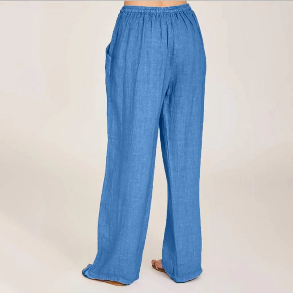 Ceboyel Women's Boho Wide Leg Pants Drawstring Straight Casual Trousers Cotton Linen Palazzo Pants Summer Beach Outfits 2023
