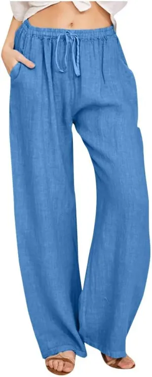 Ceboyel Women's Boho Wide Leg Pants Drawstring Straight Casual Trousers Cotton Linen Palazzo Pants Summer Beach Outfits 2023