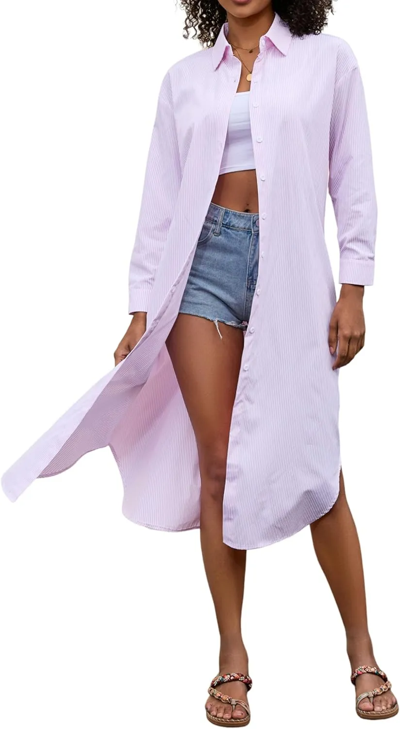 Choichic Button Down Shirts for Women Cotton Casual Collared Striped Shirt Long Sleeve Maxi Dress