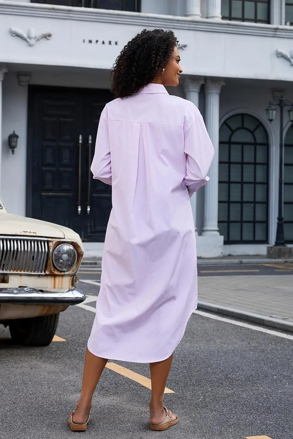 Choichic Button Down Shirts for Women Cotton Casual Collared Striped Shirt Long Sleeve Maxi Dress