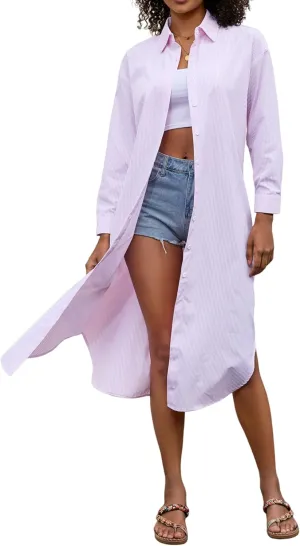 Choichic Button Down Shirts for Women Cotton Casual Collared Striped Shirt Long Sleeve Maxi Dress